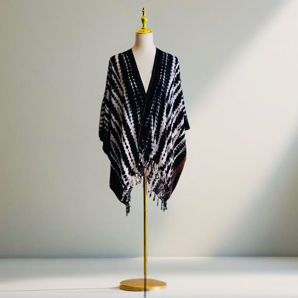 0056/ Black White Brown Kimono Cover up, Cardigan Outer with Fringes - Picture 1 of 9